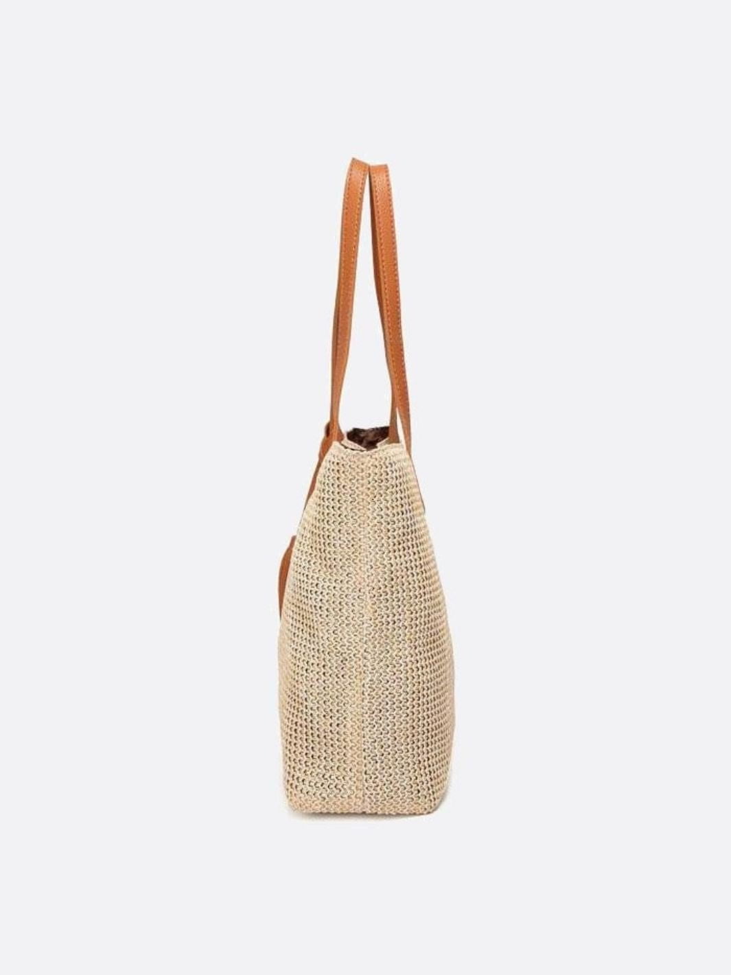 Große Strohtasche Damen Sommer Shopper Naturmaterial Beige