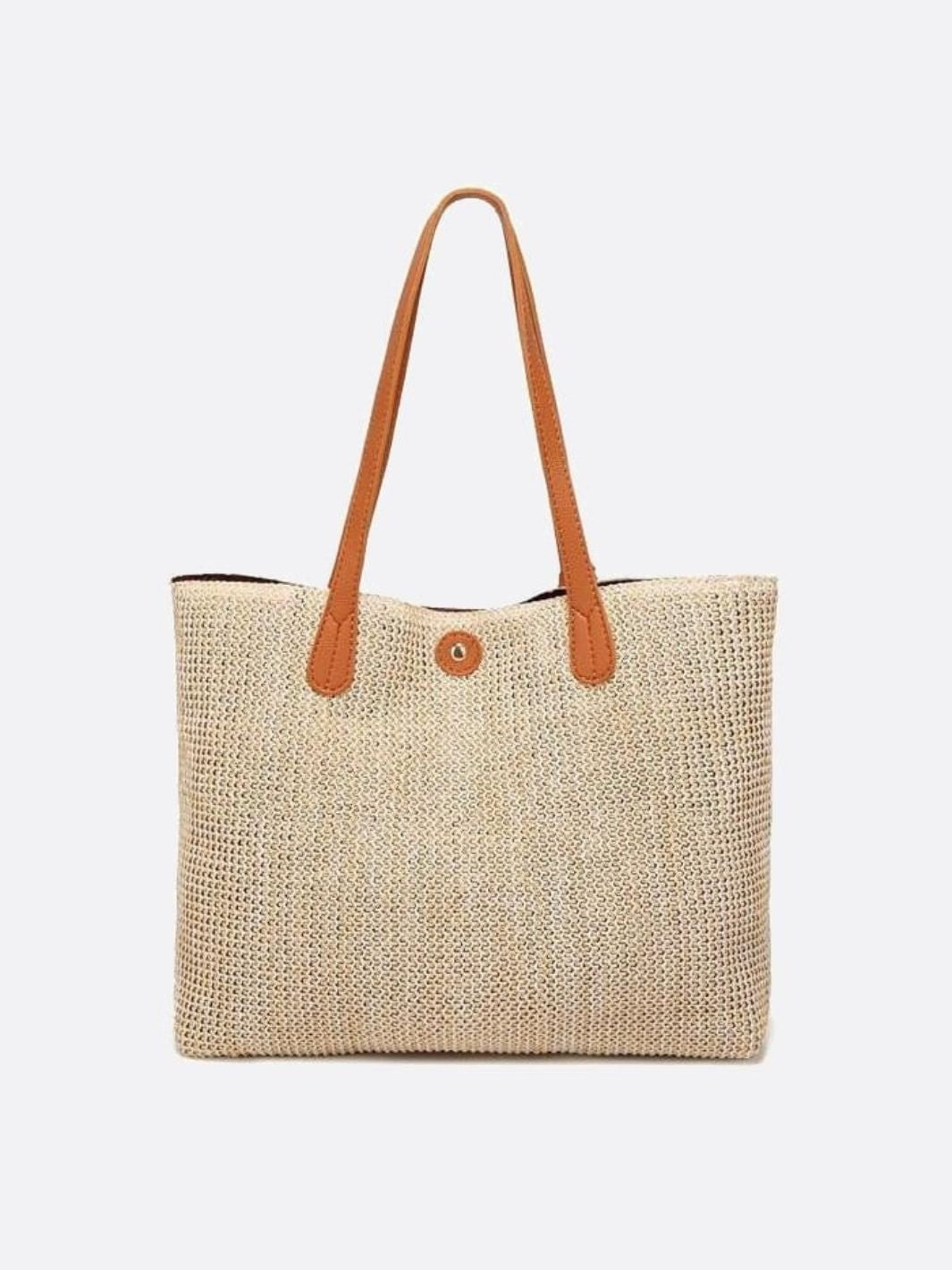 Große Strohtasche Damen Sommer Shopper Naturmaterial Beige