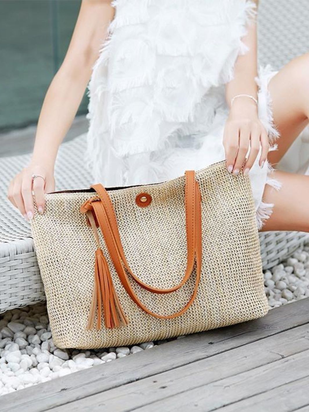 Große Strohtasche Damen Sommer Shopper Naturmaterial Beige