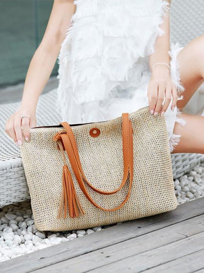 Große Strohtasche Damen Sommer Shopper Naturmaterial Beige
