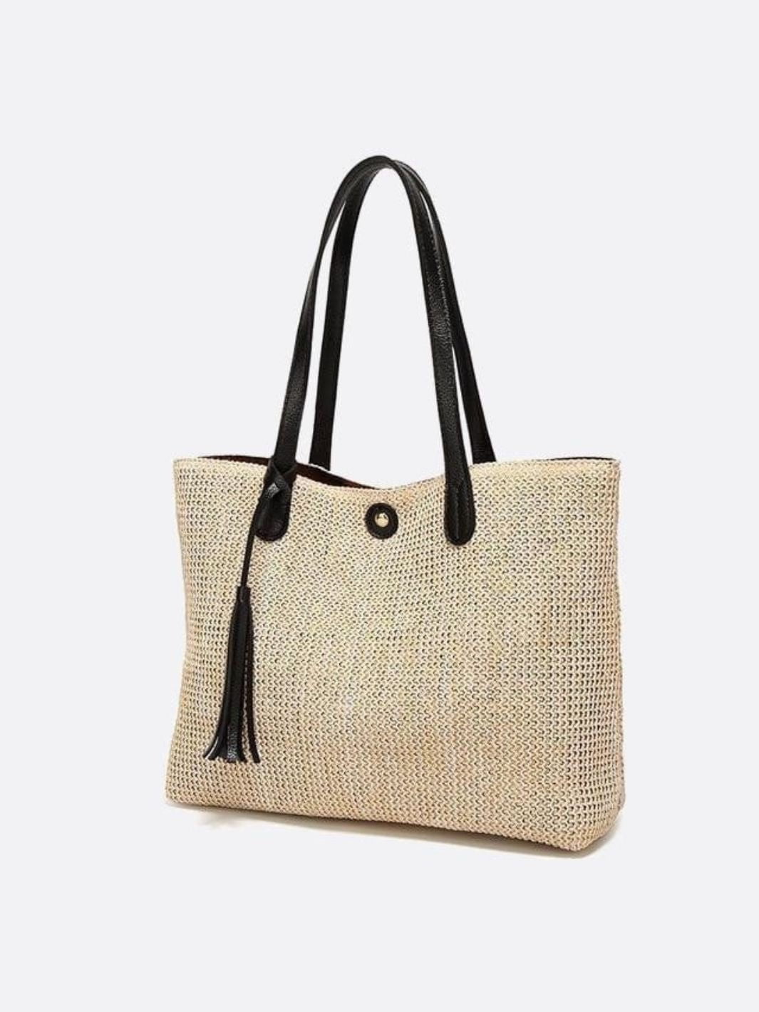 Große Strohtasche Damen Sommer Shopper Naturmaterial Beige