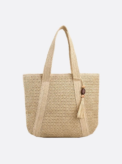 Damen Strohtasche Groß Reißverschluss Schulterriemen Beige