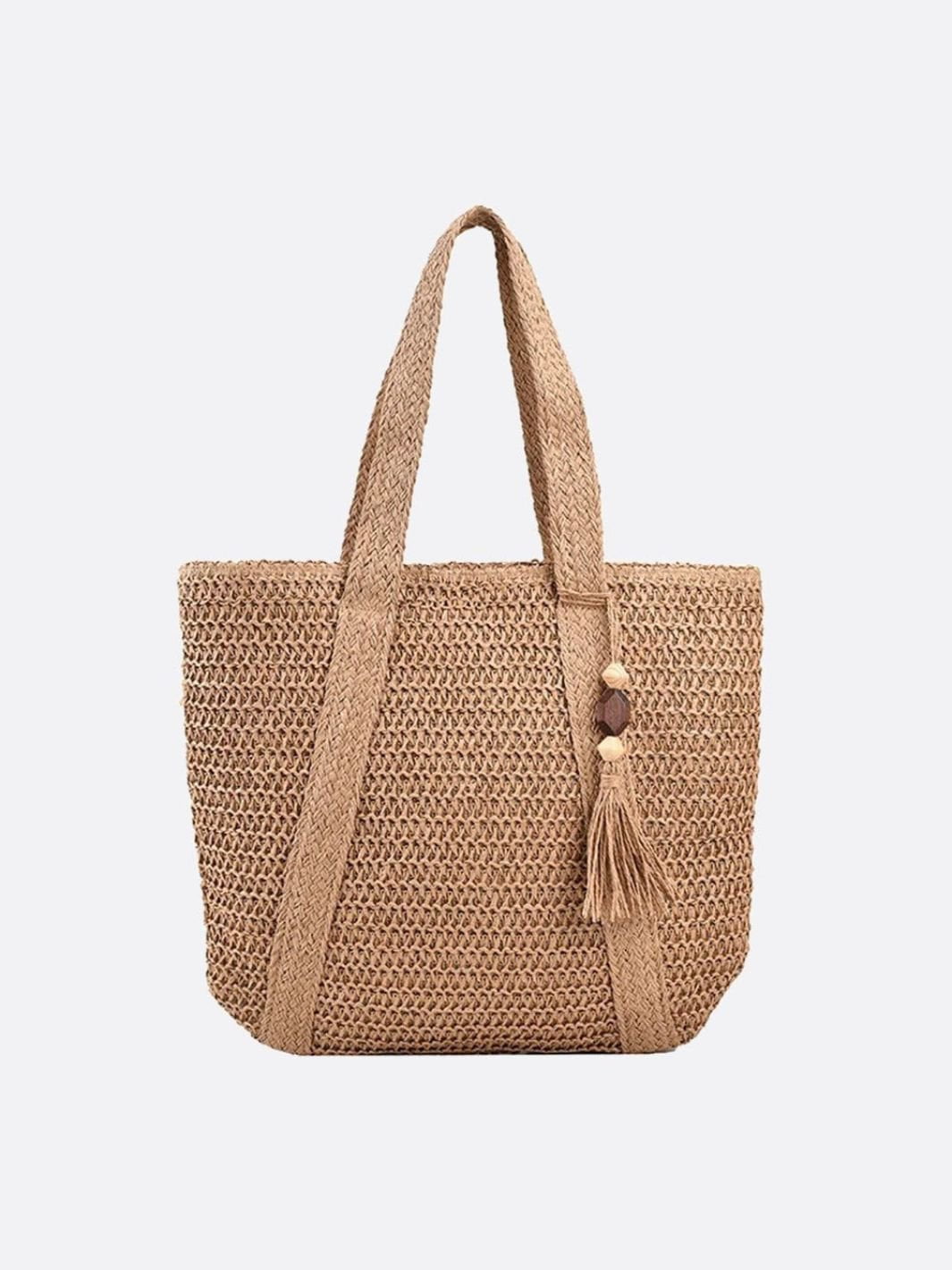 Damen Strohtasche Groß Reißverschluss Schulterriemen Beige - Norvielle