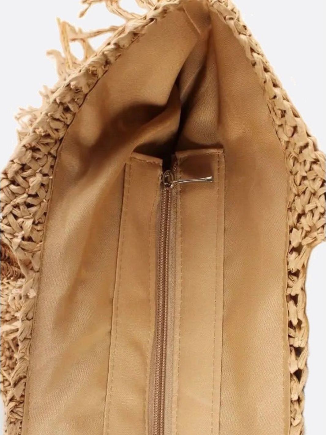Sola Große Stroh Schultertasche Mit Fransen Reißverschluss Beige