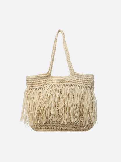 Sola Große Stroh Schultertasche Mit Fransen Reißverschluss Beige - Norvielle