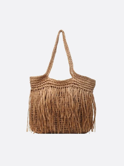 Sola Große Stroh Schultertasche Mit Fransen Reißverschluss Beige