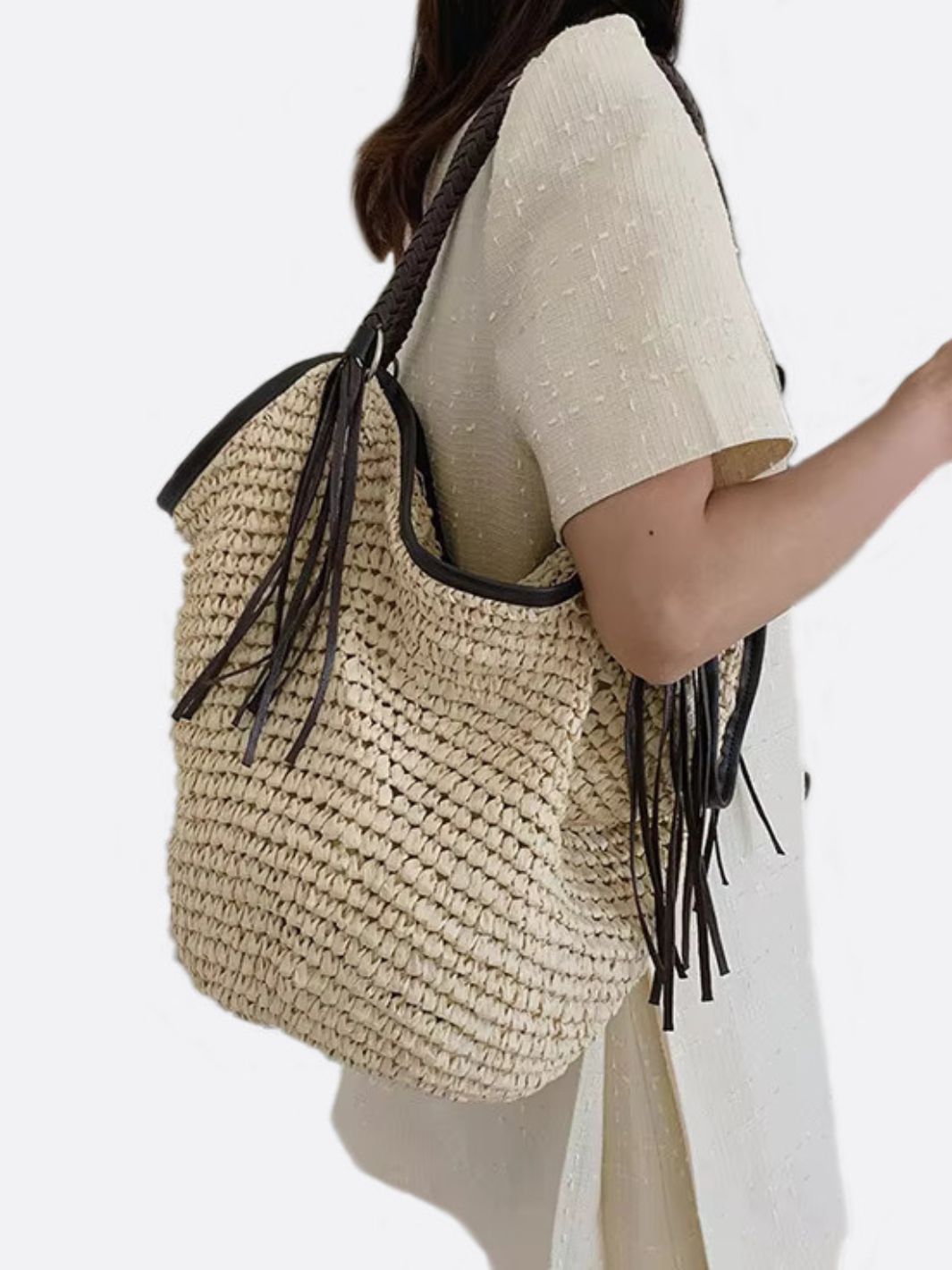 Damen Strohtasche Geflochtener Schulterriemen Leder