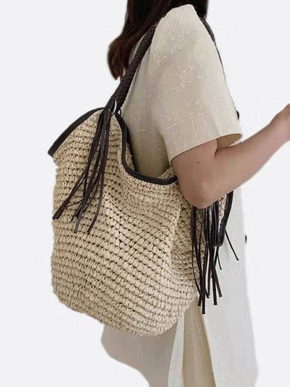 Damen Strohtasche Geflochtener Schulterriemen Leder