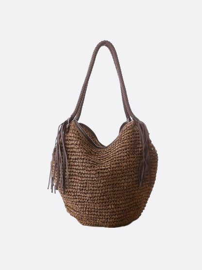 Damen Strohtasche Geflochtener Schulterriemen Leder