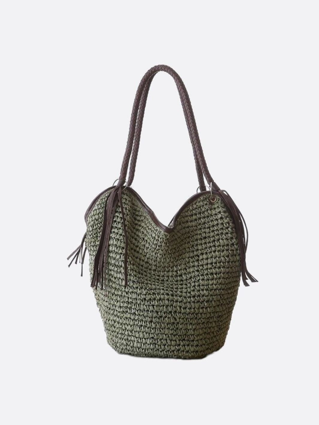 Damen Strohtasche Geflochtener Schulterriemen Leder