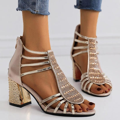 Damen Blockabsatz Sandaletten Offene Zehen Leder Beige