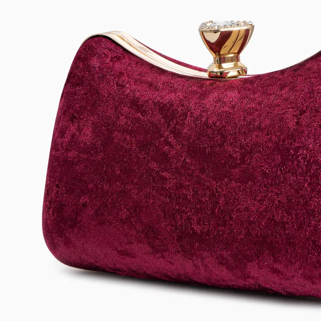 Damen Abendtasche Weinrot Samt Clutch mit Metallgriff