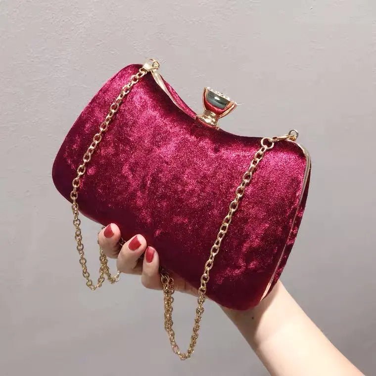 Damen Abendtasche Weinrot Samt Clutch mit Metallgriff