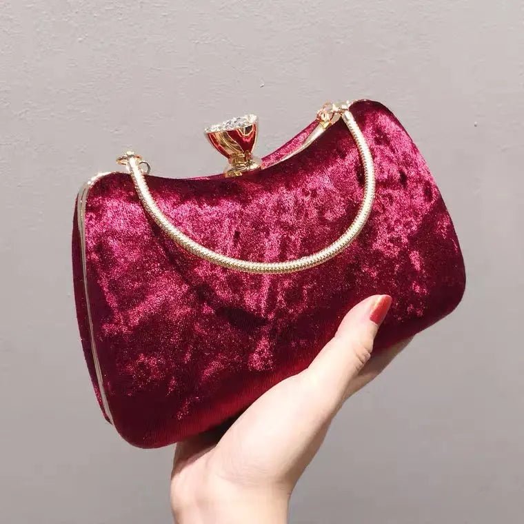 Damen Abendtasche Weinrot Samt Clutch mit Metallgriff