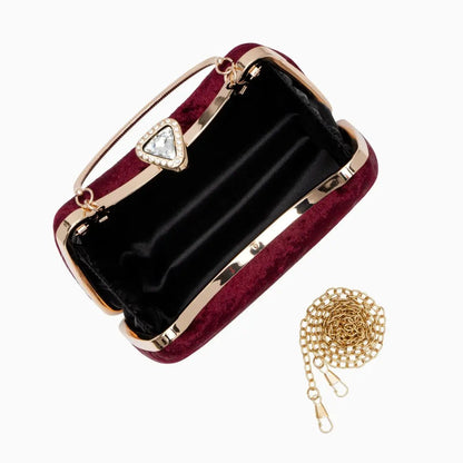 Damen Abendtasche Weinrot Samt Clutch mit Metallgriff