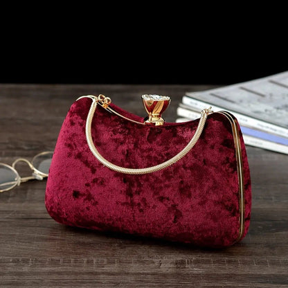 Damen Abendtasche Weinrot Samt Clutch mit Metallgriff