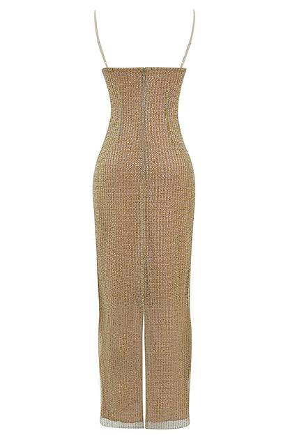 Goldfarbenes Damen Maxi-Kleid Feine Pailletten Glanz