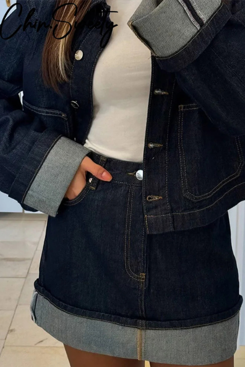 Damen Denim Set Cropped Jeansjacke High-Waist Minirock