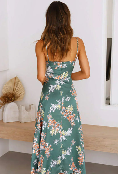 Damen Sommerkleid Satin Blumenmuster Cut-Out Spaghettiträger