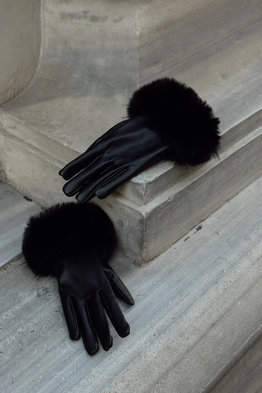 Damen Lederhandschuhe Flauschig Schwarz - Norvielle