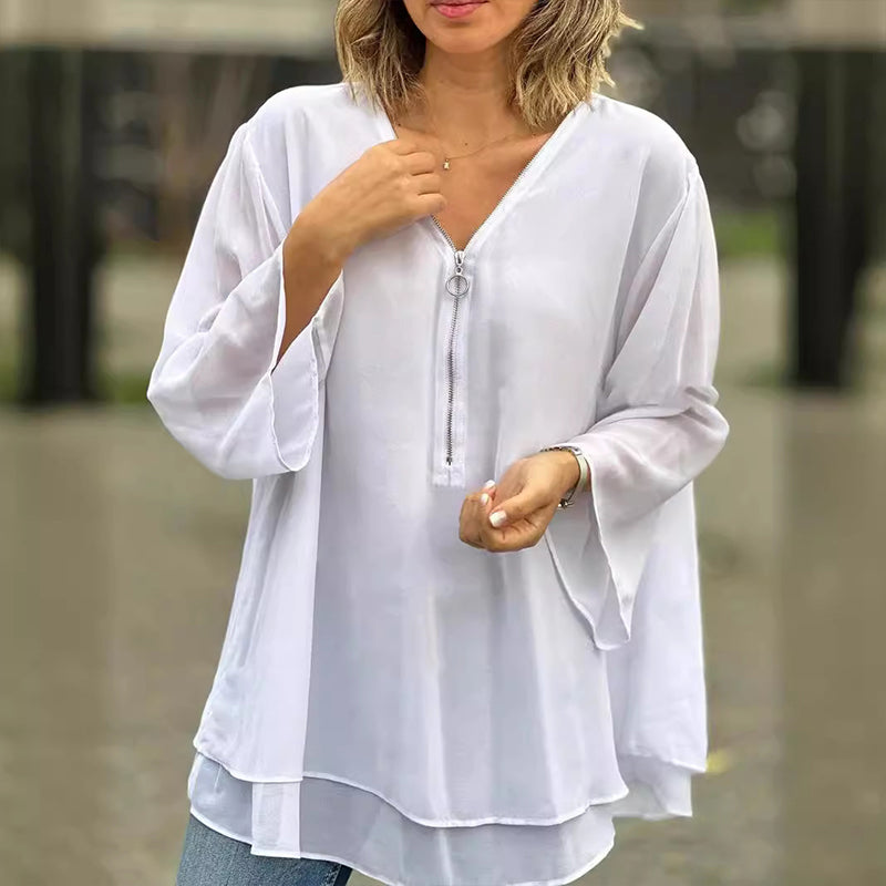 Norvielle Damen Chiffon V-Ausschnitt Reißverschluss Beige
