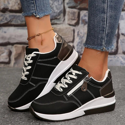 Damen Sneaker Schnürung Reißverschluss Bequem Schwarz - Norvielle