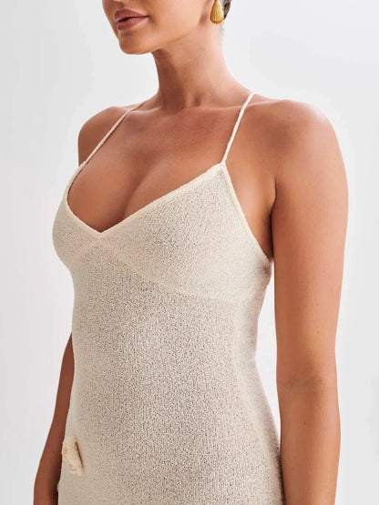 Damen Maxikleid Spaghettiträger 3D Blumenapplikation