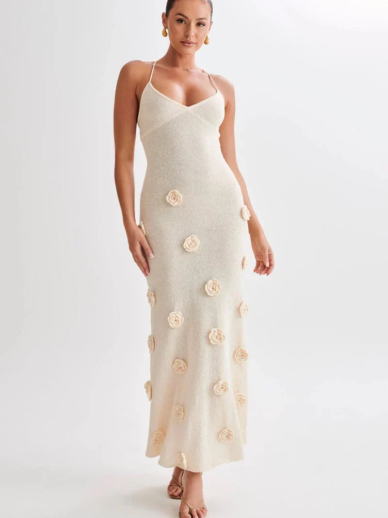 Damen Maxikleid Spaghettiträger 3D Blumenapplikation