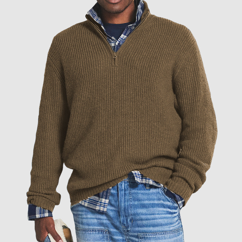 Strickpullover Gerippt Mit Stehkragen Reißverschluss