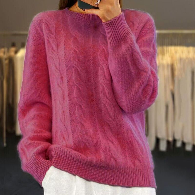 Norvielle Damen Pullover Wollmischung Kabelstrick Gerippter Saum - Norvielle