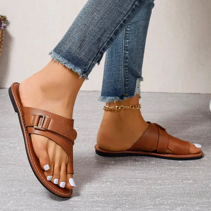 Norvielle Damen Flache Sandalen Zehentrenner Leder Schwarz - Norvielle