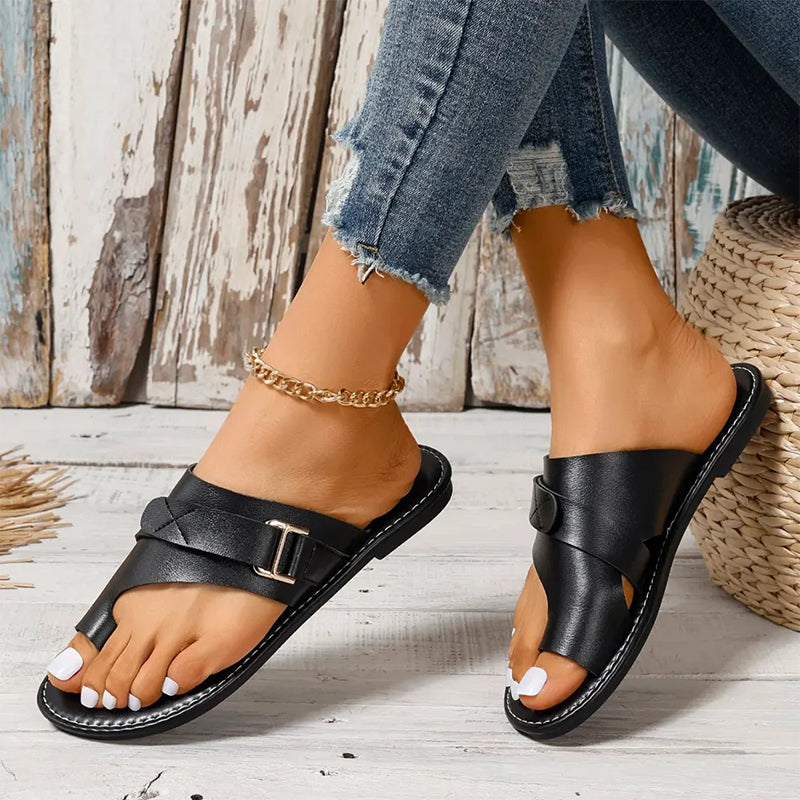 Norvielle Damen Flache Sandalen Zehentrenner Leder