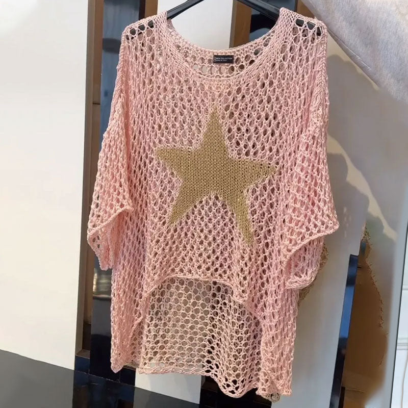 Damen Häkeltop Rundhalsausschnitt Mesh Beige