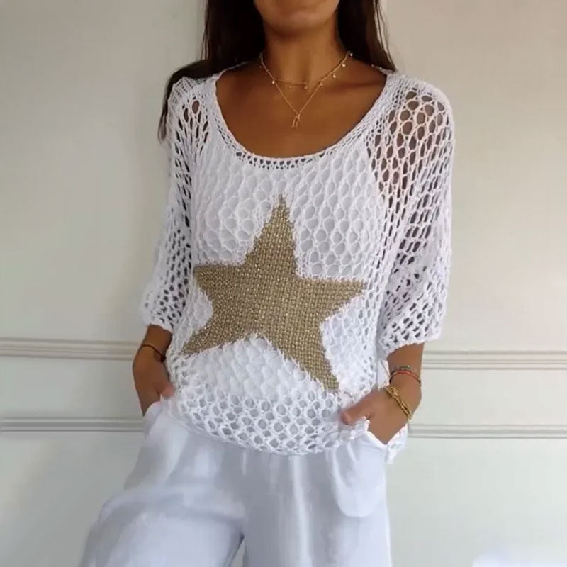Damen Häkeltop Rundhalsausschnitt Mesh Beige