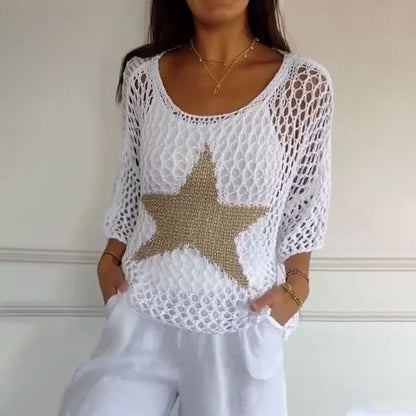 Damen Häkeltop Rundhalsausschnitt Mesh Beige