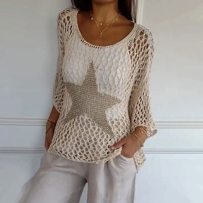 Damen Häkeltop Rundhalsausschnitt Mesh Beige