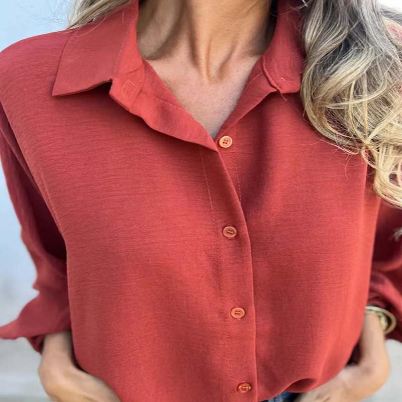 Damen Bluse Langarm Hemdkragen Knopfleiste Unifarbe