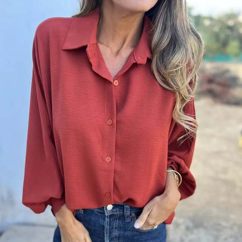 Damen Bluse Langarm Hemdkragen Knopfleiste Unifarbe