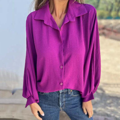 Damen Bluse Langarm Hemdkragen Knopfleiste Unifarbe