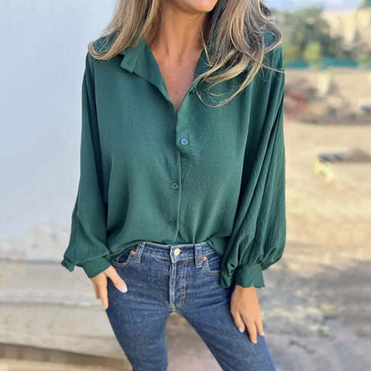 Damen Bluse Langarm Hemdkragen Knopfleiste Unifarbe
