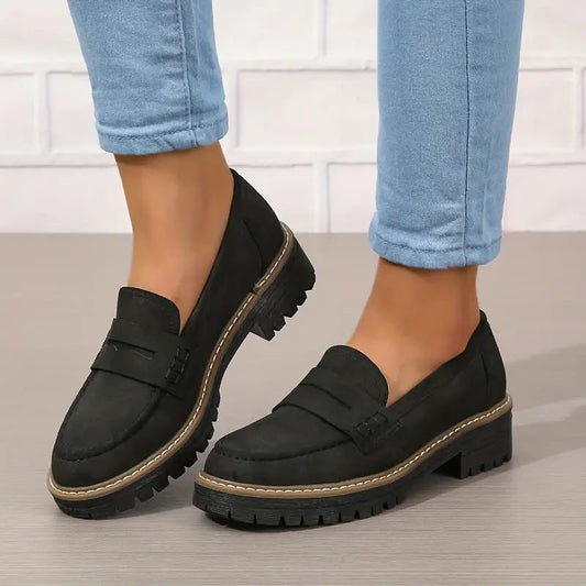 Damen Plateau Loafer Schuhe Leder Schwarz - Norvielle