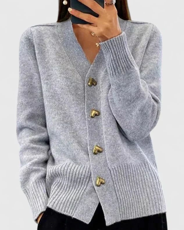 Damen Strickcardigan Weich Herzknöpfe Beige