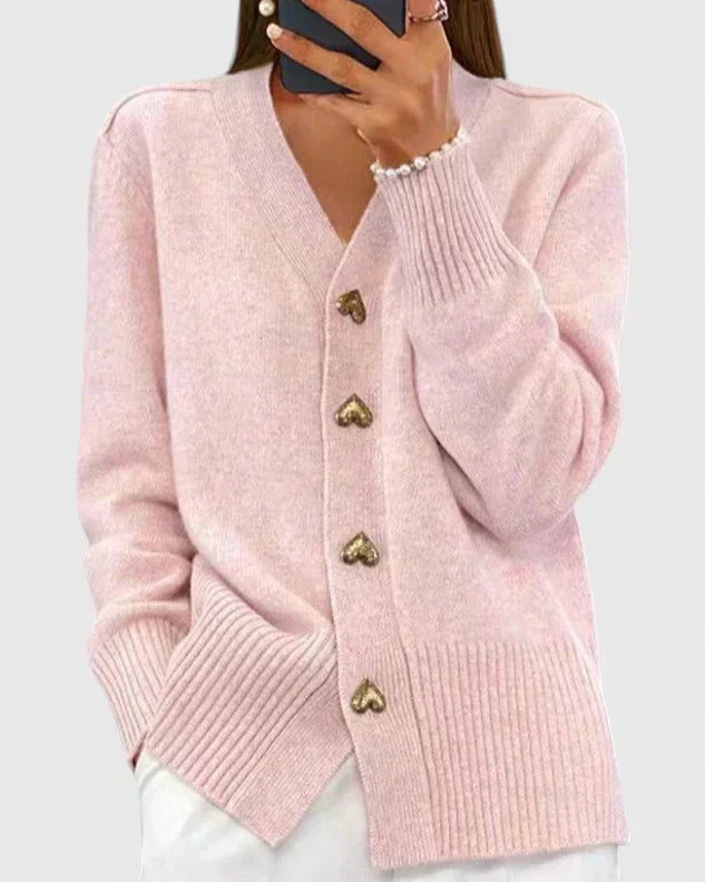 Damen Strickcardigan Weich Herzknöpfe Beige - Norvielle
