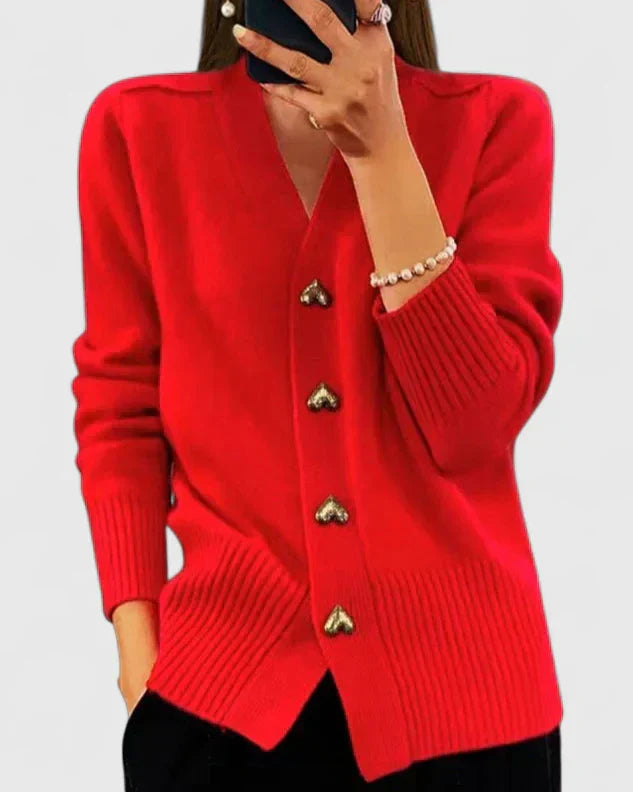 Damen Strickcardigan Weich Herzknöpfe Beige