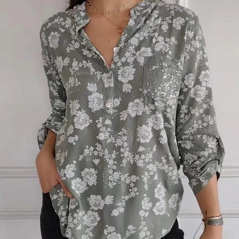 Damenbluse Blumenmuster Baumwolle Lockere Passform Weiß