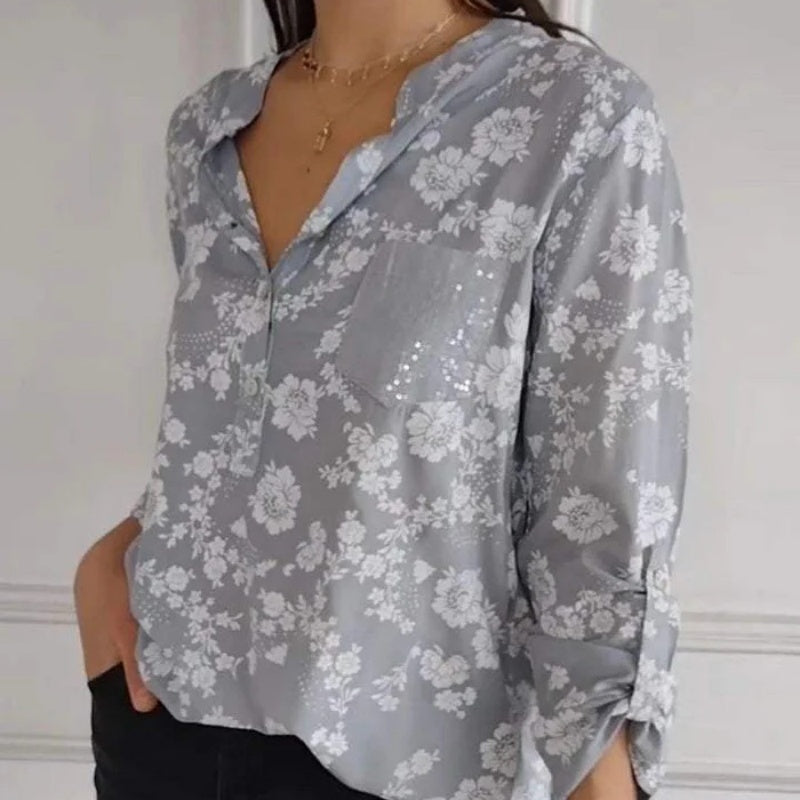Damenbluse Blumenmuster Baumwolle Lockere Passform Weiß