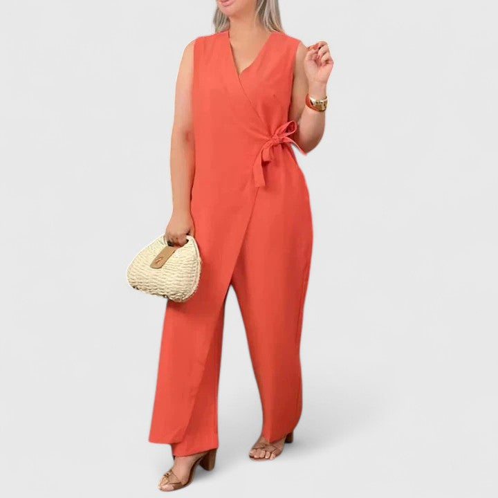 Damen Ärmelloser Jumpsuit Wickeloptik Taillengürtel - Norvielle