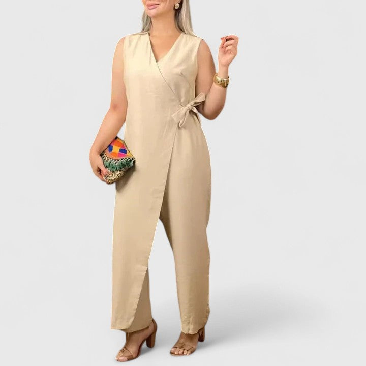 Damen Ärmelloser Jumpsuit Wickeloptik Taillengürtel