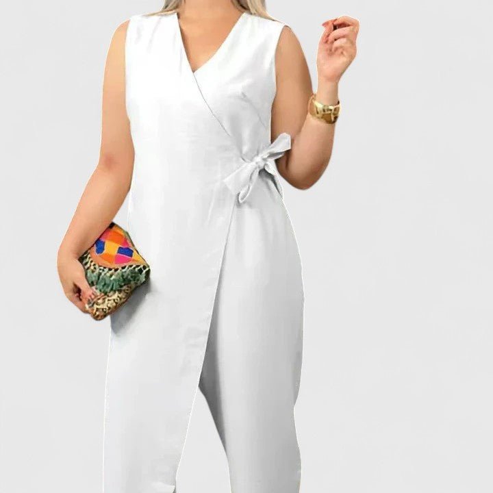 Damen Ärmelloser Jumpsuit Wickeloptik Taillengürtel