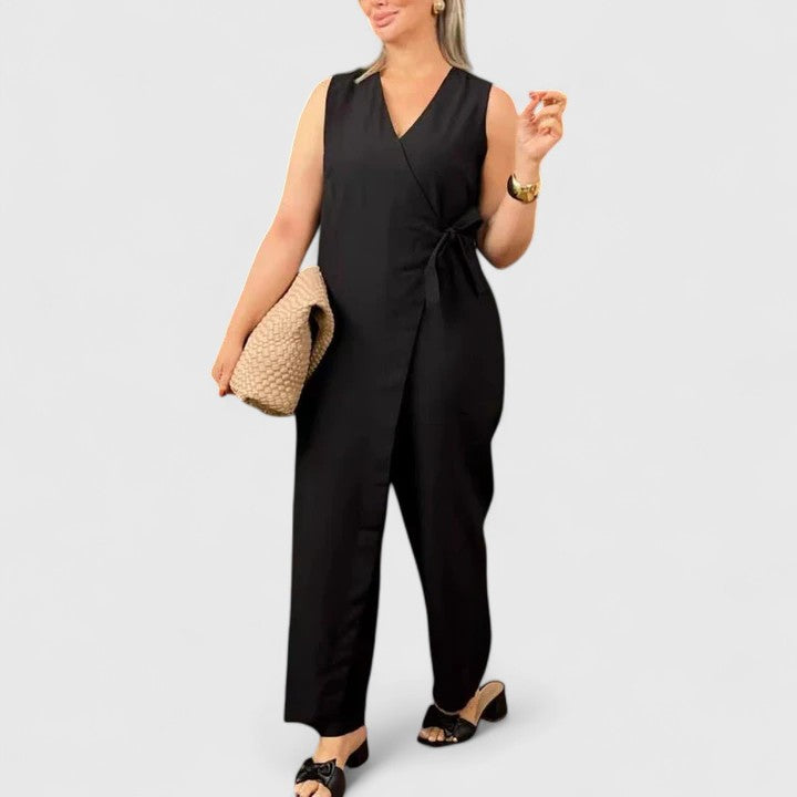 Damen Ärmelloser Jumpsuit Wickeloptik Taillengürtel